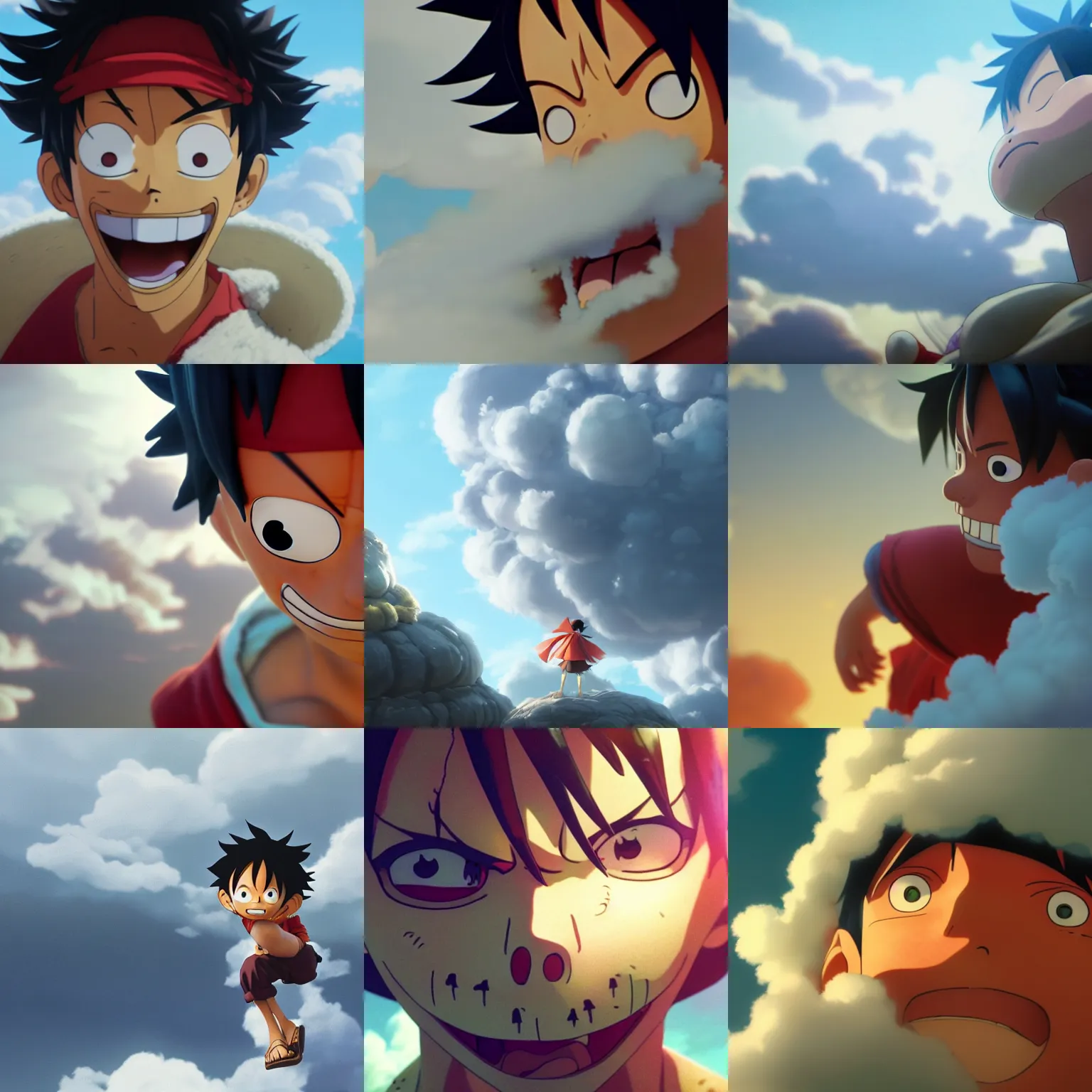 Prompt: Luffy turning into a cloud, close up shot, studio Ghibli, Pixar and Disney animation, sharp, Rendered Unreal Engine 5, film key art, Greg Rutkowski, Bloom, dramatic lighting