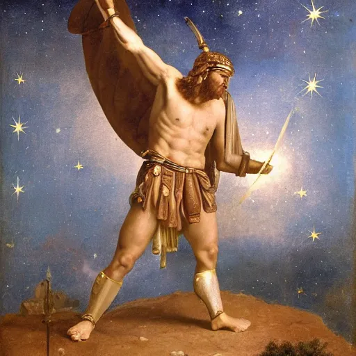 Prompt: roman warrior in the pose of orion the constellation painting