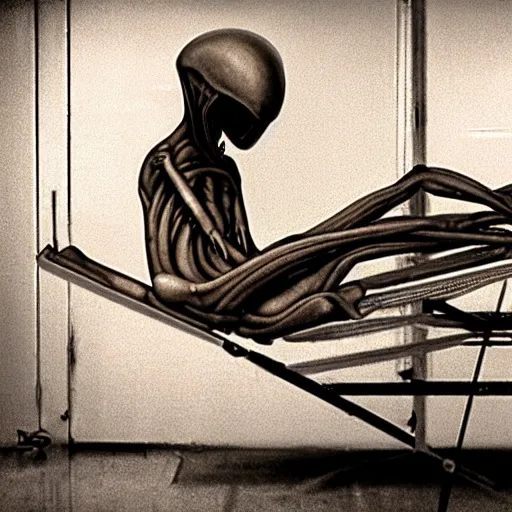 Image similar to alien on a gurney in hanger, grainy, vintage photo, sepia, old photo, realistic, detailed,