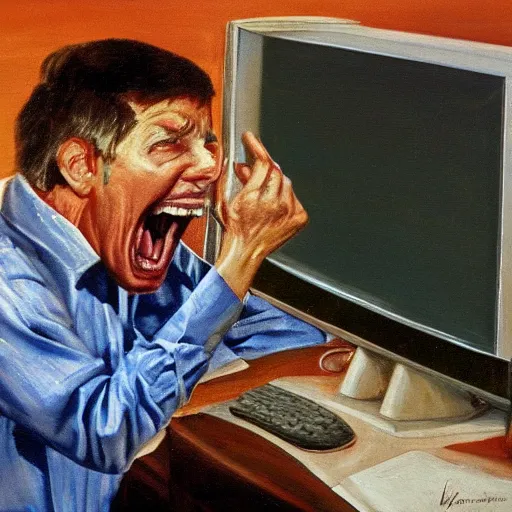 Image similar to an angry man screams at his computer monitor, oil on canvas, 1 9 6 7, highly detailed