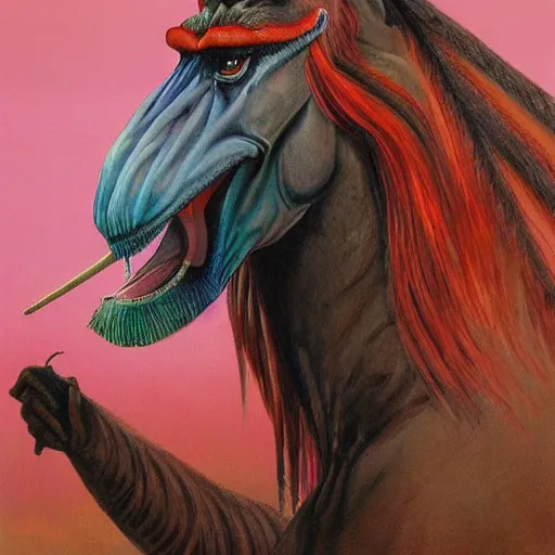 Prompt: painting of a hybrid between a horse and mandrill, in the style of wayne barlowe