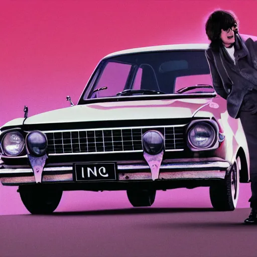 Prompt: john lennon beside a ford cortina. film still. 4 k hd image, trending on artstation, featured on behance, extra crisp, features intricate detail, epic composition and the style of quintin tarantino.