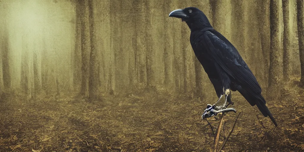 Prompt: mixture between an crow and!!!! human, photograph captured in a dark forest