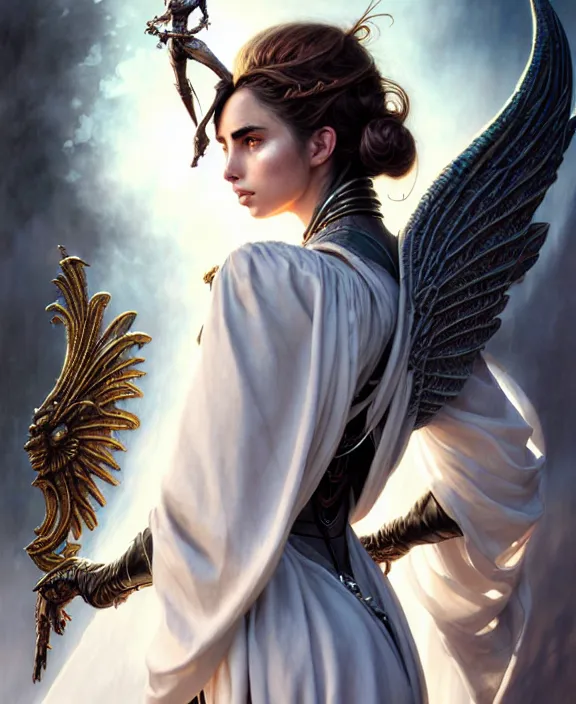 Image similar to beautiful fantasy character portrait, ana de armas, ultra realistic, wide angle, intricate details, the fifth element artifacts, highly detailed by peter mohrbacher, hajime sorayama, wayne barlowe, boris vallejo, paolo eleuteri serpieri, dishonored 2, white gown, angel wings