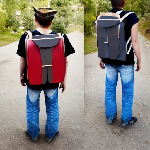 Prompt: a person that has been transformed into a backpack