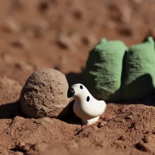 Image similar to claymation of bird in the desert, clay, beautiful close up