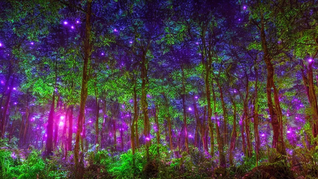 Image similar to lush alien forest at night, glowing flowers, orbs of light spread through the forest