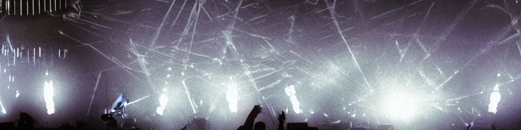 Image similar to dusty Trent Reznor smashing guitars, group of people on stage playing instruments, elaborate stage effects, dust, smoke, giant LED screens, colored projections, ultrafine detail, goth cybersuit, glowing thin wires, smoke, high contrast, projections, a screenshot by David Gilmour Blythe, holography, tesseract, volumetric lighting, anamorphic lens flare