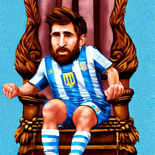 Prompt: dwarf messi sitting on a throne with argentina shirt, digital drawing, fantasy