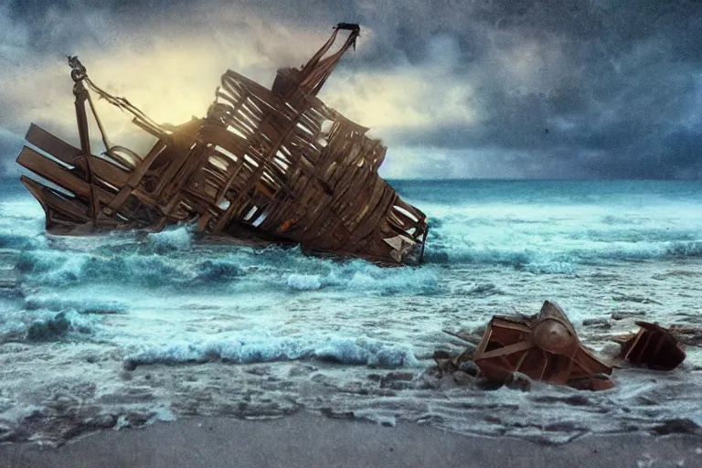 Image similar to pirate ship wreckage beached, in a storm, in the style of vernon grant and chris van allsburg, trending on artstation, bright tilt - shift camcorder effect, photoshop, retrowave, hyperrealism,