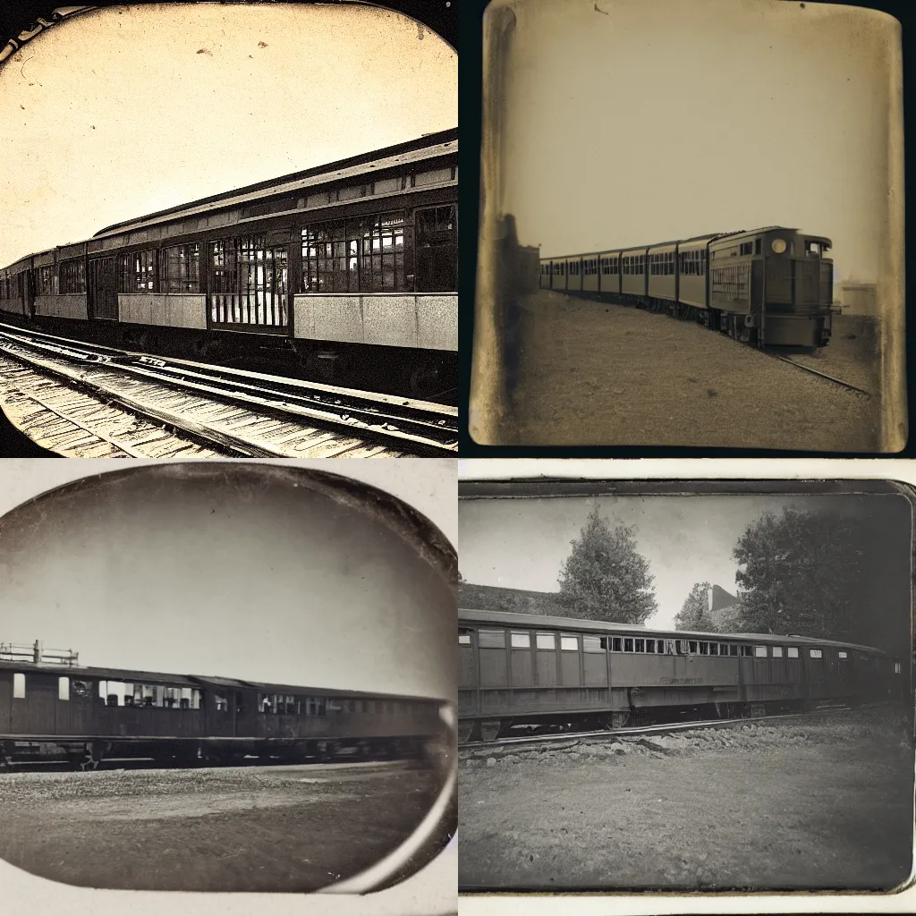 Prompt: daguerreotype of train leaving station