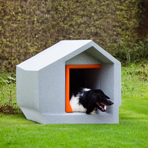 Image similar to a doghouse with the shape of a dog with grey and orange accents designed by antony gormley, advertising photography