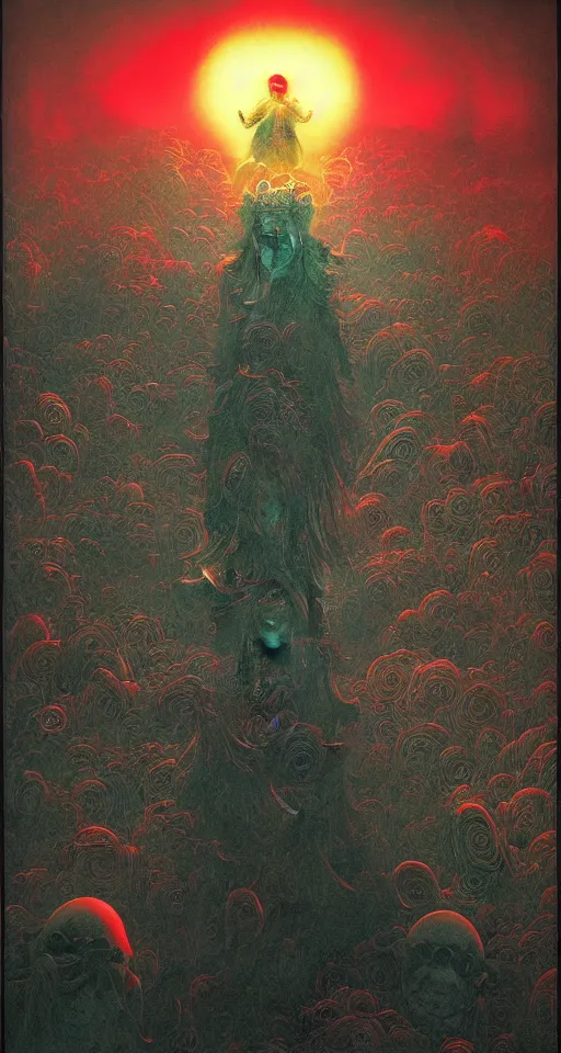 Image similar to zhongyuan festival, chinese ghost festival, king of hell, inside page of comic book, psychedelic lights and fog, in the style of zdzislaw beksinski, ayami kojima, takato yamamoto, barclay shaw, karol bak, glowing light and shadow, hyperrealist