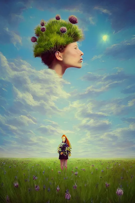 Prompt: portrait, enormous thistle flower under head, a girl in suit in field of flowers, surreal photography, sunrise, blue sky, dramatic light, impressionist painting, digital painting, artstation, simon stalenhag