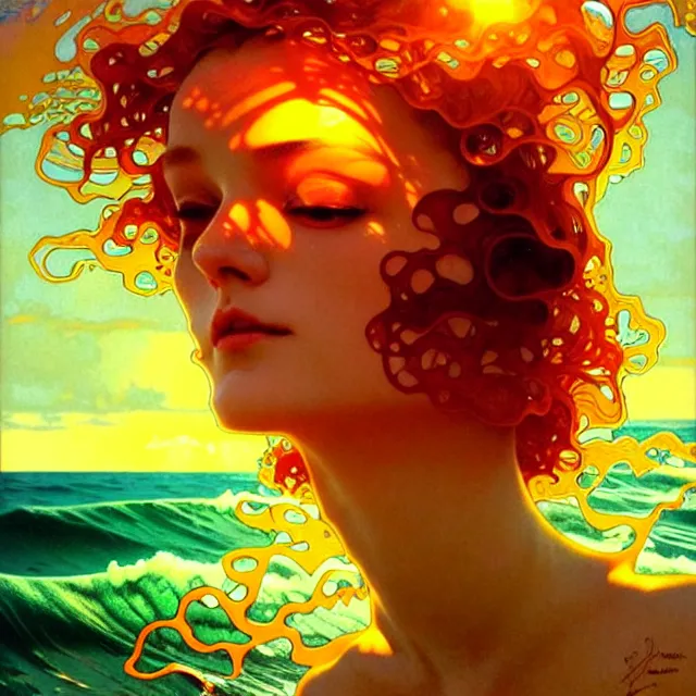 Image similar to mind bending ocean waves of glossy psychedelic liquid honey drops flowing like kaleidoscopic translucent amber, lsd waves, lsd ripples, crystal clear, backlit, sunset, refracted lighting, art by collier, albert aublet, krenz cushart, artem demura, alphonse mucha