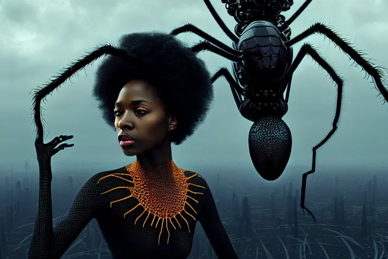 Image similar to realistic detailed photorealistic portrait movie shot of a beautiful black woman with a giant spider, dystopian city landscape background by denis villeneuve, amano, yves tanguy, alphonse mucha, ernst haeckel, david lynch, edward robert hughes, roger dean, cyber necklace, rich moody colours, cyber patterns, wide angle