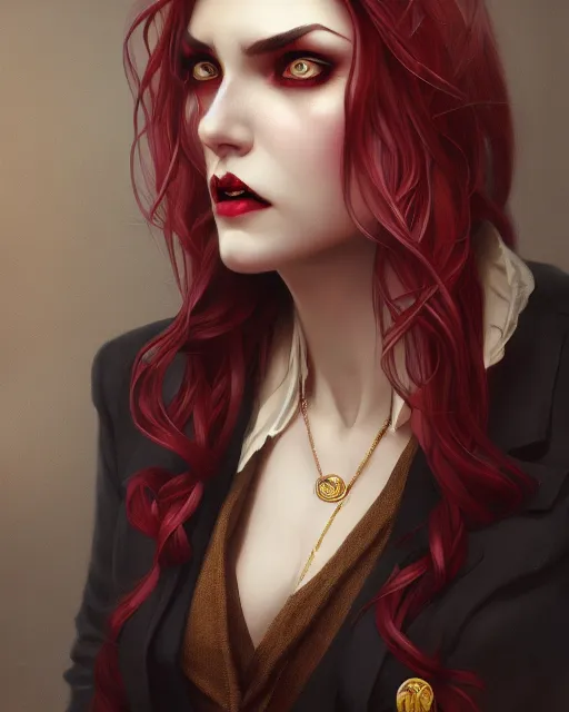 Prompt: female vampire, perfect face, gold waistcoat, long grey hair, red necktie, cinematic, stunning, highly detailed, digital painting, artstation, smooth, hard focus, illustration, art by artgerm and greg rutkowski and alphonse mucha