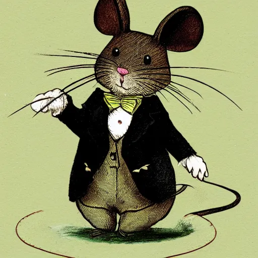 Prompt: illustration of a mouse wearing a Victorian suit. In style of Beatrix Potter.
