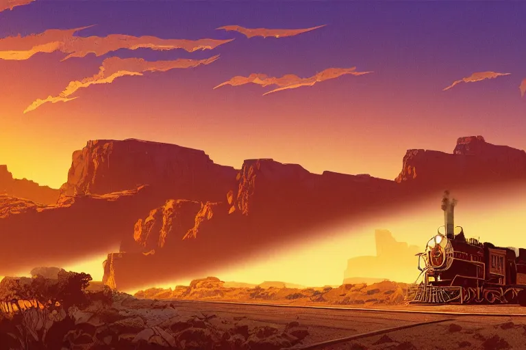 Image similar to idyllic old western train station illustration by syd mead, artstation, 4 k, graphic novel, concept art, matte painting, steam engine spewing billowy clouds of steam, beautiful mountain desert sunset background, golden hour