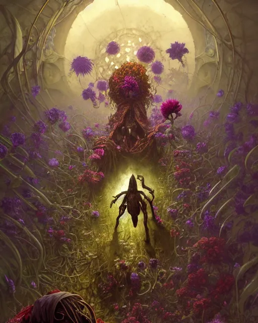 Image similar to the platonic ideal of flowers, rotting, insects and praying of cletus kasady carnage thanos davinci nazgul wild hunt chtulu mandelbulb ponyo heavy rain bioshock, d & d, fantasy, ego death, decay, dmt, psilocybin, concept art by randy vargas and greg rutkowski and ruan jia and alphonse mucha