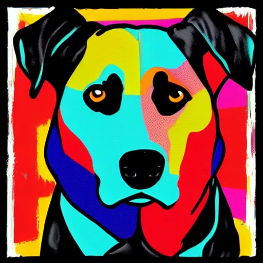 Prompt: colorful pop art of a Dog’s head, black background