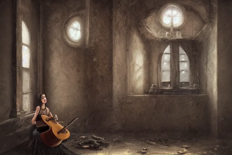 Image similar to still life painting, a lute with smoke emanating form it, cursed baroque with ebony inlay, designed by brian froud and hr giger leans against the wall alone, abandoned. an empty brutalist chamber, lonely, somberlate afternoon lighting cinematic fantasy painting by jessica rossier