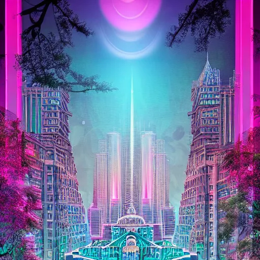 Prompt: mystical realistic poster with shaded lighting by arjun brooklyn radiant light, detailed and complex environment, solace, beautiful, utopic astral city in the sky with many buildings and temples reflecting an modern city on the ground with old growth pine trees, overlaid sacred geometry, with implied lines, gradient of hot pink and neon baby blue