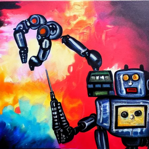 Image similar to a scary multi armed robot painting a picture