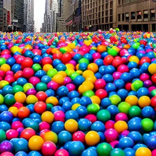 Prompt: millions of colorful bouncy balls are bouncing the streets of new york city
