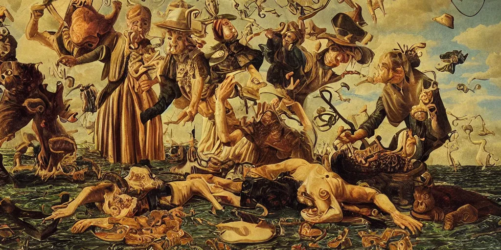 Prompt: refined dutch golden age photo pop surreal disturbing masterpiece in the style of robert williams,