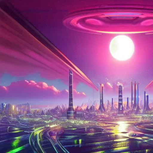 Image similar to full moon over futuristic city of light synthwave bright neon colors highly details cinematic vladimir kush, philippe dru, roger deal, michael whelan,