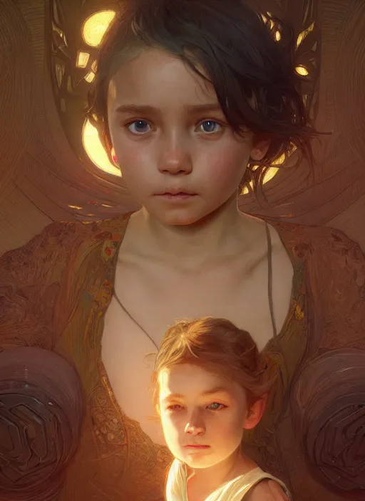 Image similar to perfectly - kid staring from behind, intricate, highly detailed, digital painting, artstation, concept art, smooth, sharp focus, illustration, unreal engine 5, 8 k, art by artgerm and greg rutkowski and alphonse mucha