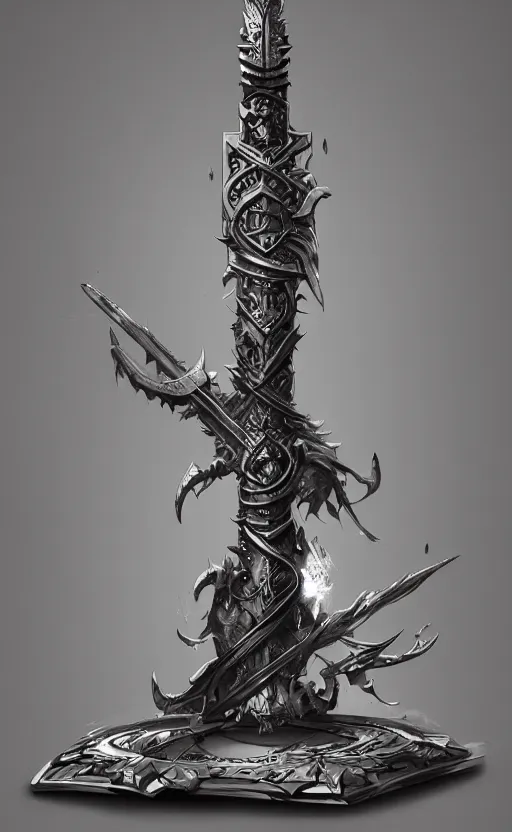 Prompt: dagger with symmetrical dagger features is legendary artifact posed on wooden stand, front game card, drark, marvel comics, dark, intricate, highly detailed, smooth, artstation, digital illustration by ruan jia and mandy jurgens and artgerm and wayne barlowe and greg rutkowski and zdislav beksinski
