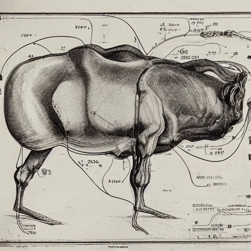 Image similar to highly detailed schematic of steak, da vinci