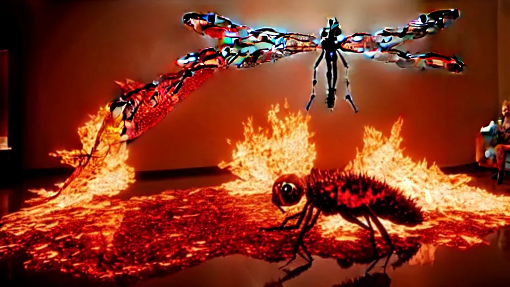 Prompt: a giant dragonfly, made of blood and fire, floats through the living room, film still from the movie directed by Denis Villeneuve with art direction by Salvador Dalí, wide lens