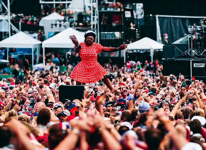 Image similar to photo still of aunt jemima in period attire at vans warped tour!!!!!!!! at age 4 0 years old 4 0 years of age!!!!!!! on stage diving into the crowd, 8 k, 8 5 mm f 1. 8, studio lighting, rim light, right side key light