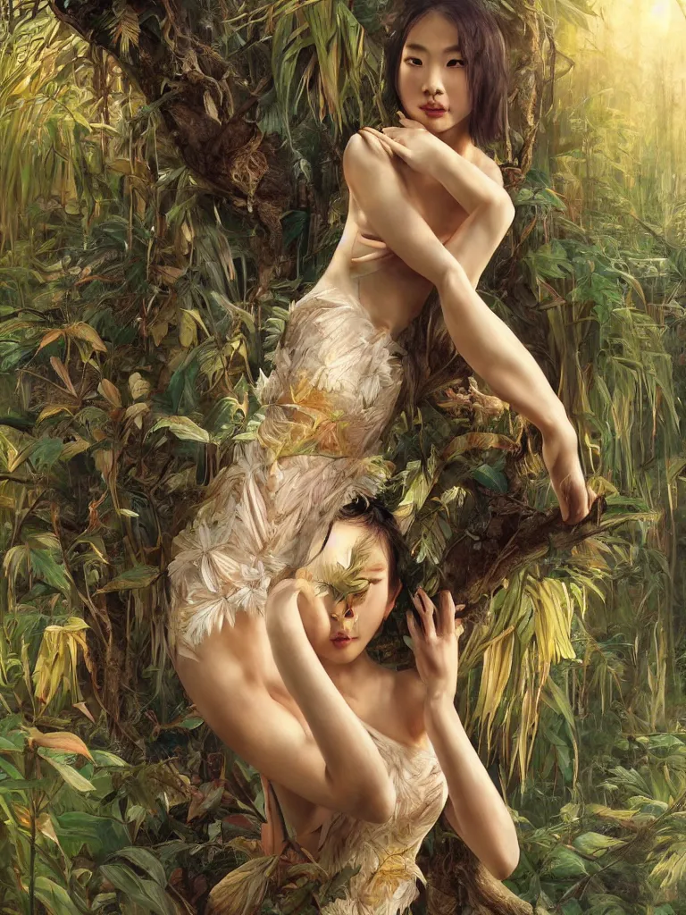 Image similar to stunningly beautiful, asian prima ballerina in jungle, symmetrical face, golden hour, smooth, focus, highly detailed, hyper realistic, dramatic lighting, elegant, intricate, concept art, art by wlop, mars ravelo, greg rutowski