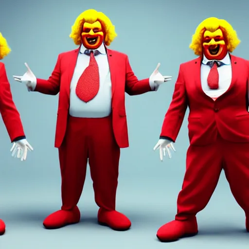 Prompt: Boris Johnson with Ronald McDonald body, realistic artstyle, wide shot, dramatic lighting, octane render, hyperrealistic, high quality, highly detailed, HD, beautiful, cinematic, 8k, unreal engine, facial accuracy, symmetrical