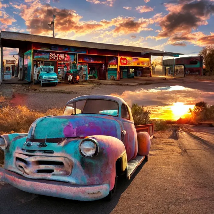 Image similar to a sunset light landscape with historical route 6 6, lots of sparkling details and sun ray ’ s, blinding backlight, smoke, volumetric lighting, colorful, octane, 3 5 mm, abandoned gas station, old rusty pickup - truck, beautiful epic colored reflections, very colorful heavenly, softlight