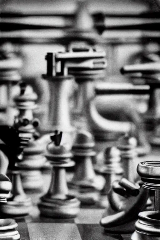 Image similar to a close-up portrait of Marcel Duchamp's industrial chess-piece-building machine in the style of Hito Steyerl and Shinya Tsukamoto and Irving Penn and Robert Frank, minimal contraption