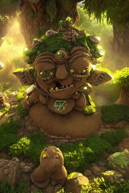 Image similar to zelda fantasy art giant golem troll wood rock greeble gemstone, global illumination ray tracing hdr fanart arstation by sung choi and eric pfeiffer and gabriel garza and casper konefal