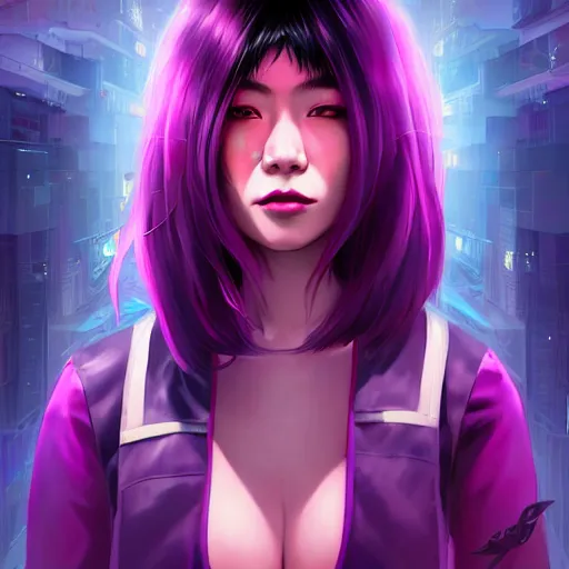 Prompt: a portrait of a young asian cyberpunk woman with dark purple hair, art by lois van baarle and loish and ross tran and rossdraws and sam yang and samdoesarts and artgerm and saruei and disney, digital art, highly detailed, intricate, sharp focus, trending on artstation hq, deviantart, unreal engine 5, 4 k uhd image