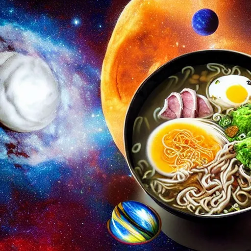 Image similar to Delicious looking bowl of ramen floating in space, space telescope, stars, galaxies