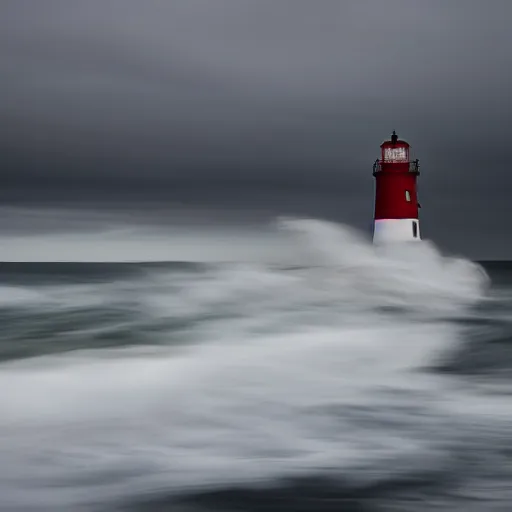 Image similar to a photo of a lighthouse in a storm at night. lonely, churning waves, splashing on lighthouse. warm lighting, long exposure