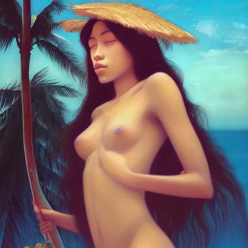 Prompt: a ultradetailed beautiful painting of a latina brazilian girl in amazonas beach by hsiao ron cheng, ngai victo, nivanh chanthara jean delville wlop and dougherty patrick, trending on artstation, mediterranean, palm trees, light sparkles, major arcana sky, sharp focus, soft light