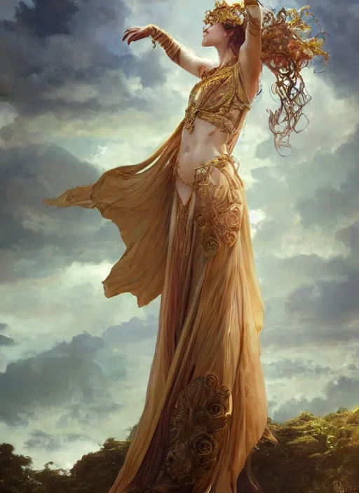 Image similar to a beautiful portrait of a sorceress floating on air with elegant looks, flowing robe, ornate and flowing, intricate and soft by ruan jia, tom bagshaw, alphonse mucha, wlop, beautiful roman architectural ruins in the background, epic sky, vray render, artstation, deviantart, pinterest, 5 0 0 px models