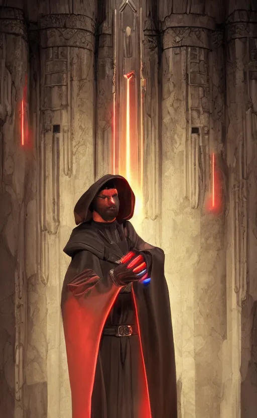 Image similar to « a beautiful sith male creating a rule of two in an ancient sith temple stylized as a catholic church, very realistic, trending on artstation »