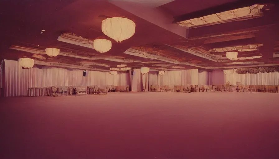 Prompt: 70s movie still of a ballroom with a high ceiling , cinestill 800t Technicolor, heavy grain, high quality, criterion collection, liminal space style