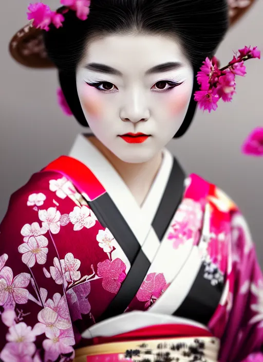 Image similar to Beautiful Japanese geisha close up portrait shot, 1920s geisha, Japanese, young woman, half body photo, upper body, traditional geisha clothing, geisha makeup, geisha hairstyle, hyper realistic, 8k detail, trending, professional photography, cherry blossom background