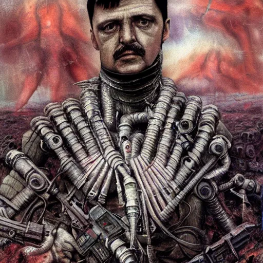 Image similar to Portrait of Igor Ivanovich Strelkov while he is calling for war total mobilization, photo-realistic, color image, 2K, highly detailed, bodyhorror by H.R.Giger, tends to have fractal structure